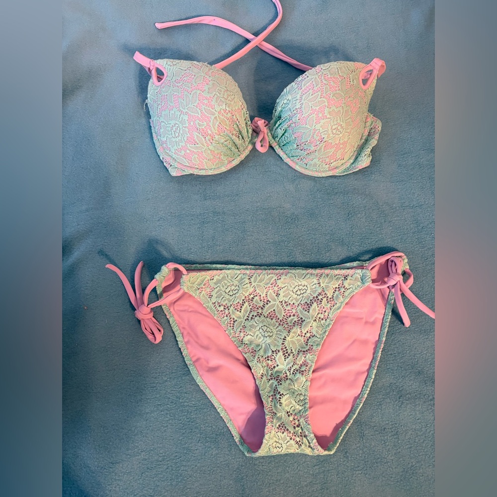 Vintage Victoria's Secret Mint and Purple Lace Bikini